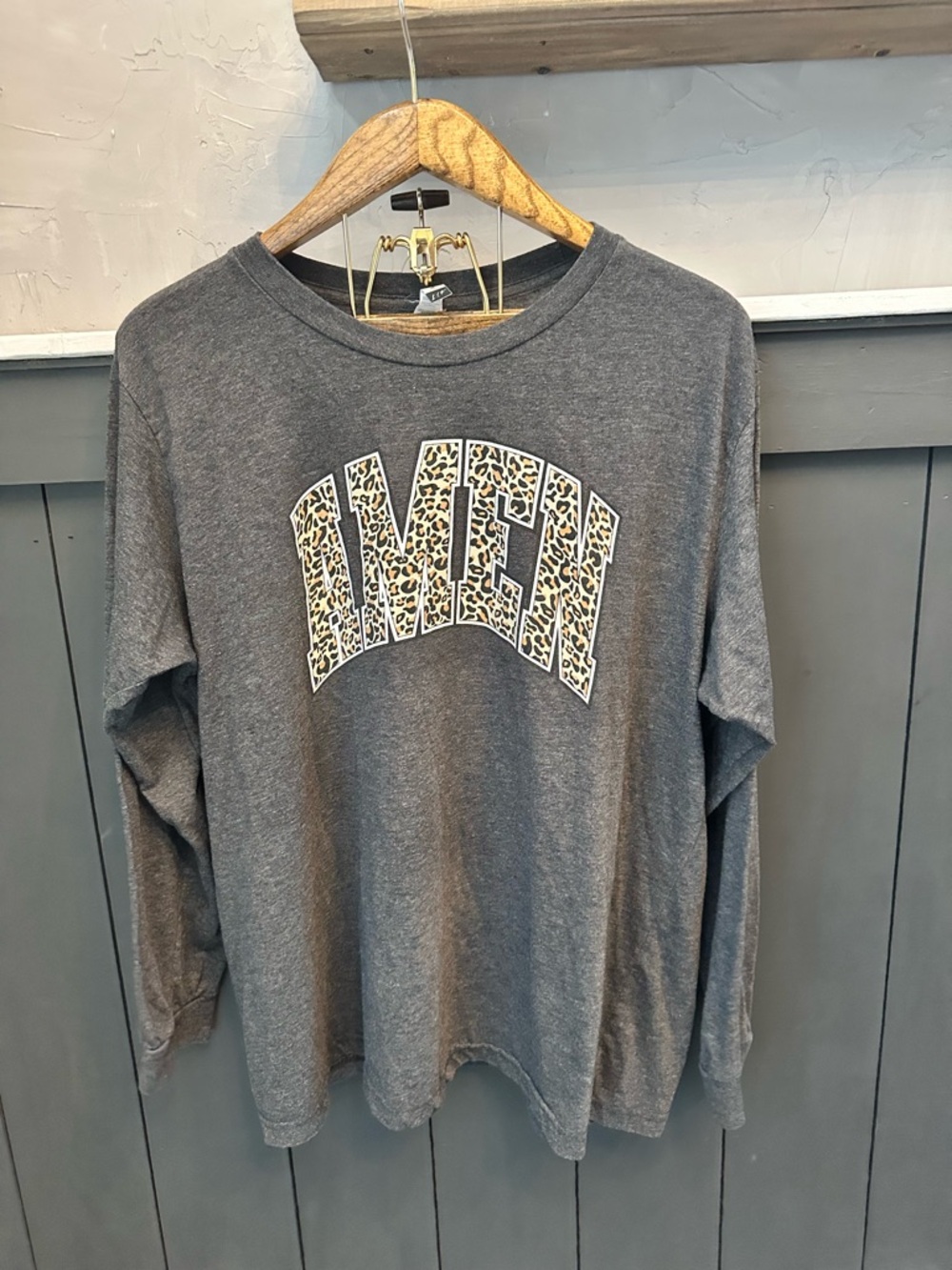 LIF Apparel Gray 'Amen'‎ Leopard Graphic Long Sleeve Tee size 2X